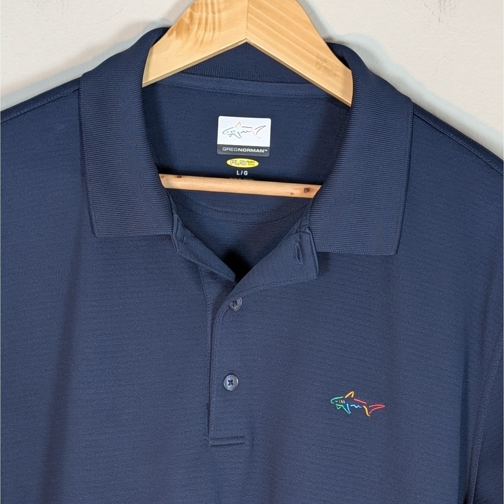 Greg Norman Mens Play Dry Golf Polo Shirt Navy Blue Shark Logo Size Large L